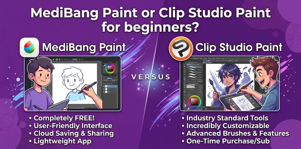 MediBang Paint or Clip Studio Paint for beginners